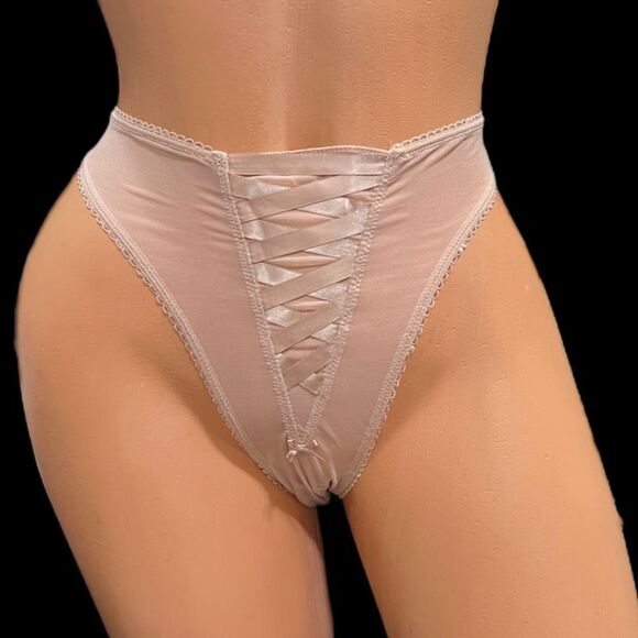 Victorias Secret Dream Angels Sexy Sheer Mesh Lace-up Brazilian Slip panty beige - Picture 3 of 4